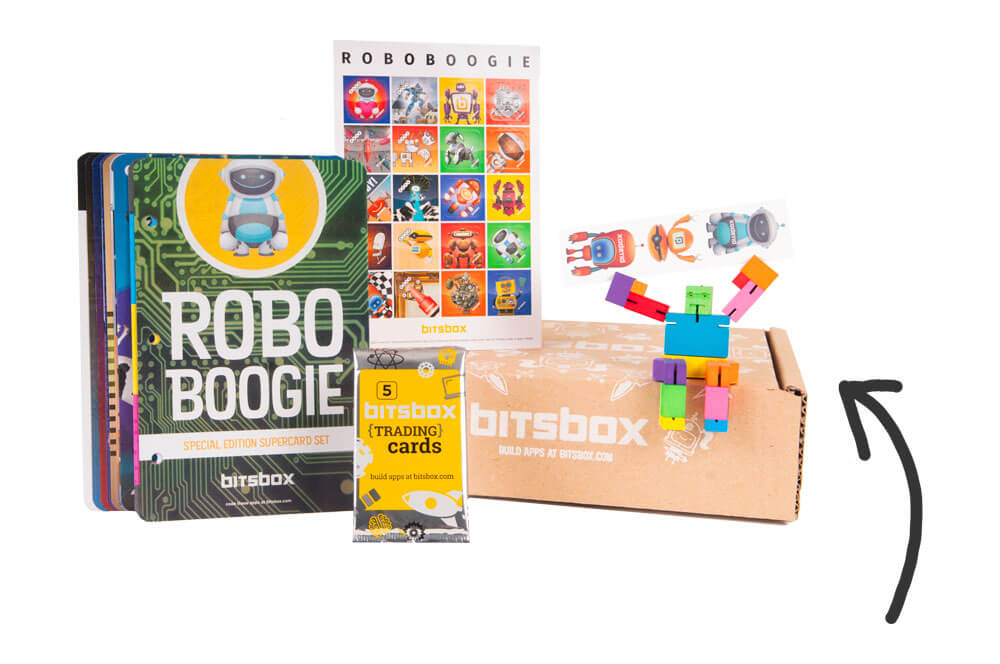 The Roboboogie box with arrow pointing to shape-shifting robot